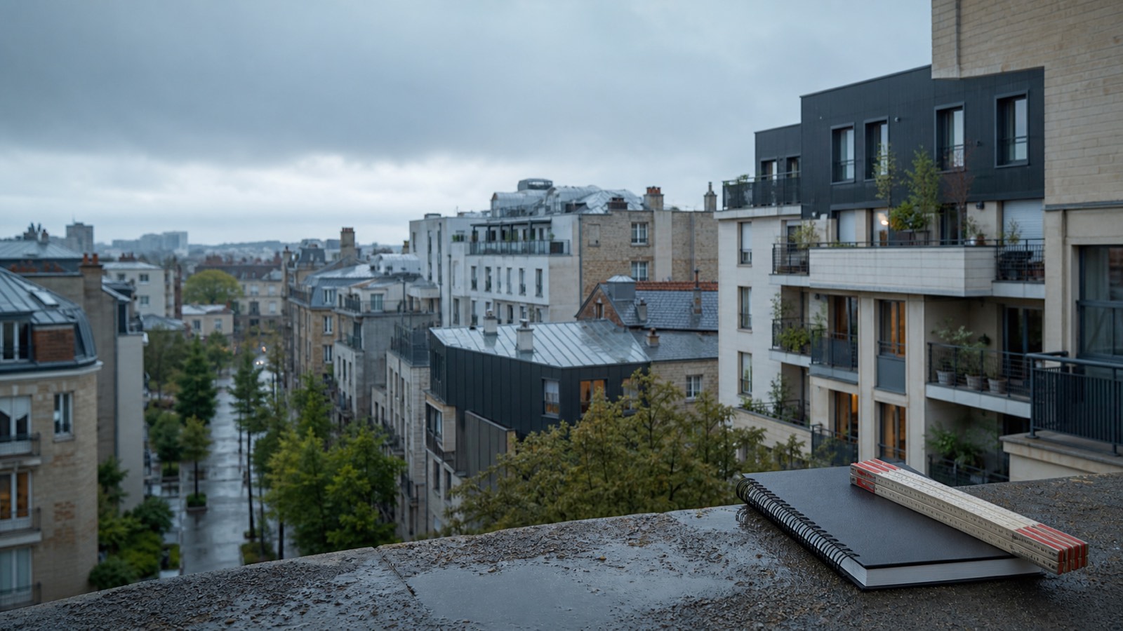 Quartier résidentiel dense après la pluie